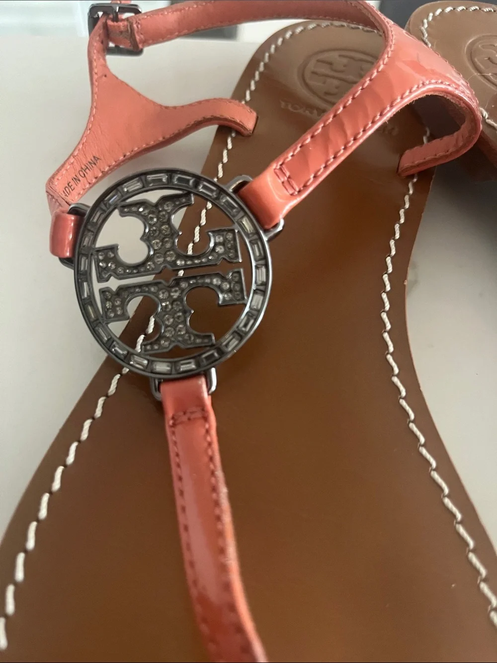 Tory Burch Coral Patent T-Strap Sandals with Logo Disc